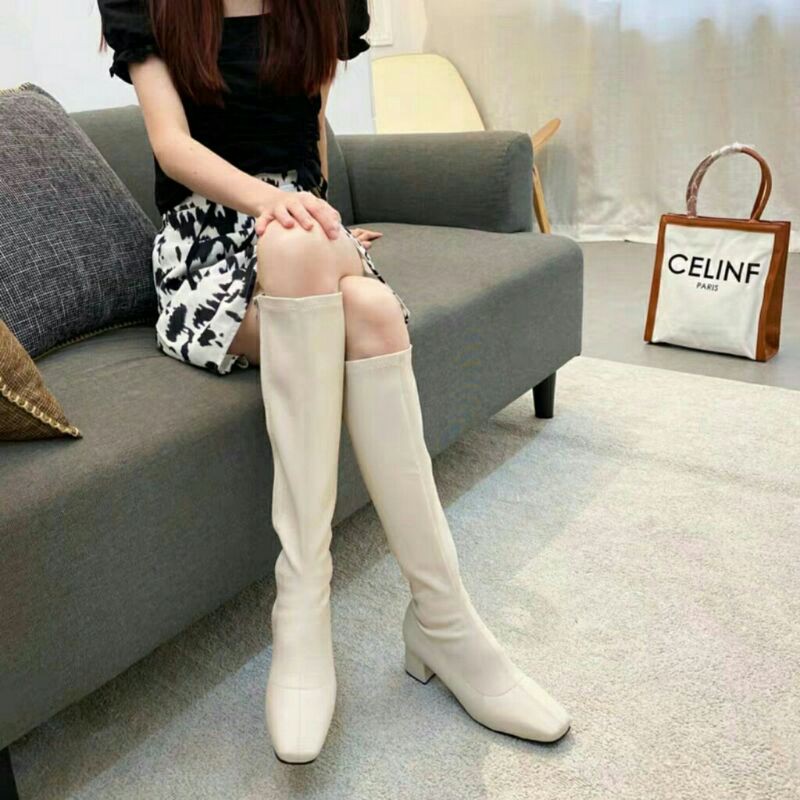 Boot da mềm cao cổ đến đầu gối có khóa kéo đằng sau, đế vuông cao 3 phân, mũi vuông vát(tặng bạc)