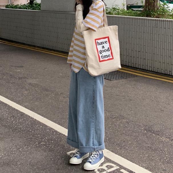 quần bò nữ straight-leg mopping daddy pants Korean loose drape high-waisted wide-leg pants