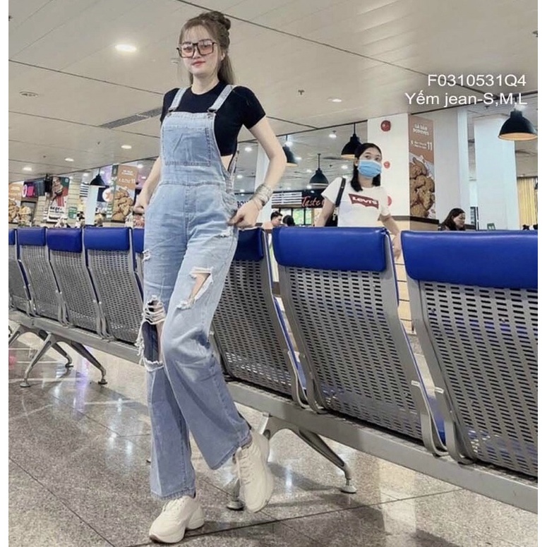 Quần jean yếm dài 2 dây rách ống TT0310