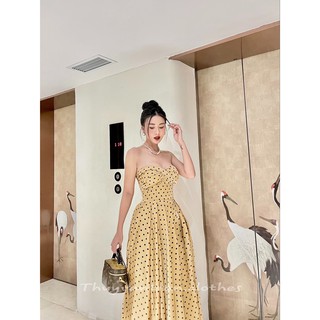 VÁY XÒE DÁNG DÀI HỌA TIẾT CHẤM BI XOẮN CÚP NGỰC CHIẾT EO TẠO BỒNG SIÊU XINH