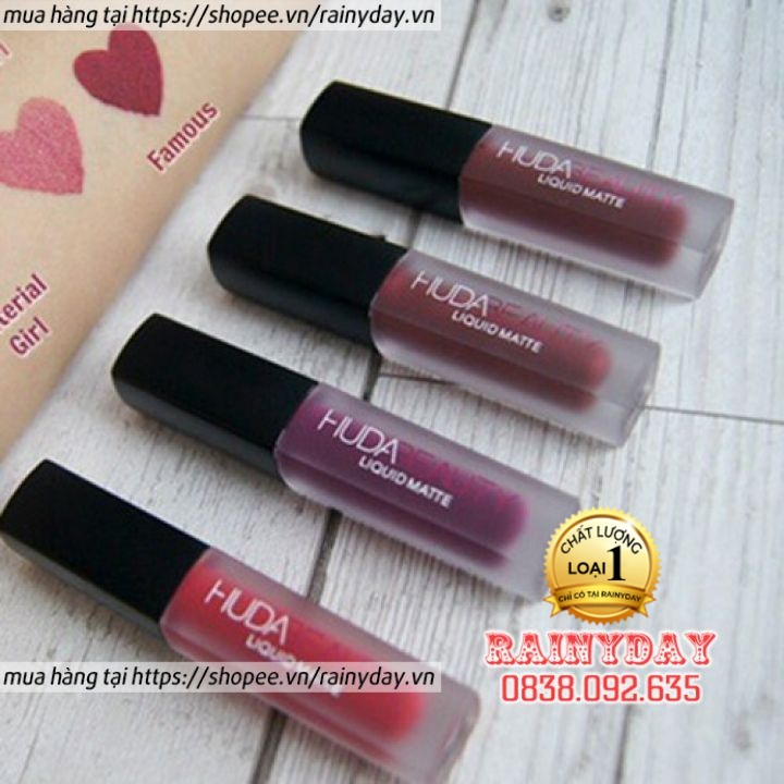 Set 4 son môi kem lì huda beauty liquid matte đẹp cao cấp loại tốt nhất màu hồng đỏ trầm