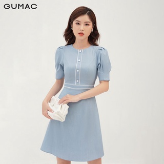 Đầm dự tiêc GUMAC thiết kế sang trọng, tay ngắn màu xanh DB394