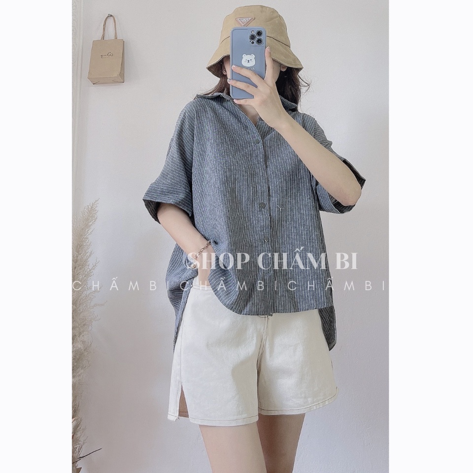 [Mã 99FASHIONSALE1 giảm 10K đơn 50K] Áo sơ mi tay ngắn A.238, Áo sơ mi sọc nhỏ xẻ lưng 6 màu cực xinh