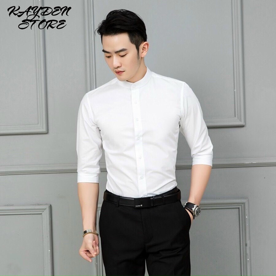Áo sơ mi nam Cổ Tàu hai màu trắng đen trơn basic vải lụa, áo sơ mi nam công sở mặc văn phòng sự kiện lịch sự