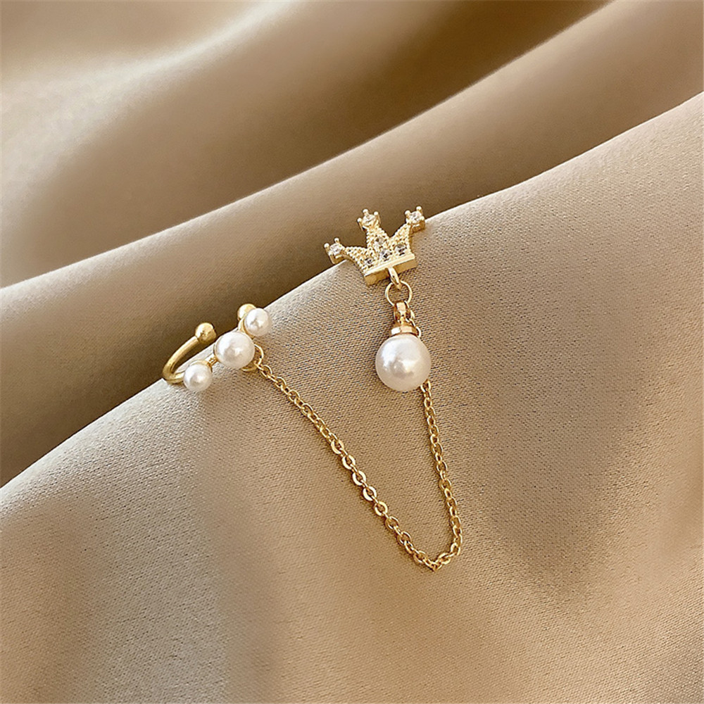 Cod Qipin 1 Piece Crown Pearl Chain Sweet Earbone Clip &amp; Stud Earrings for Women Ladies Jewelry