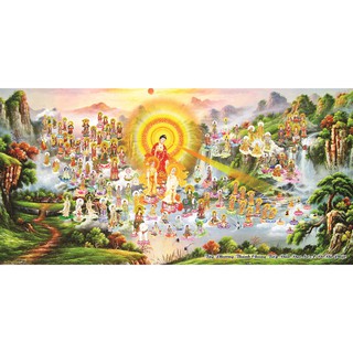 Tranh dán tường 3D Phật A DI ĐÀ và Thánh Chúng Tây Phương Phủ Kim Sa LA-02