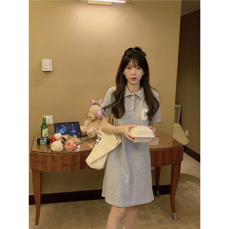 Jiashucheng Đầm Ngắn Tay Cổ polo Dáng Chữ A Phong Cách Preppy Thời Trang Mùa Hè Giản Dị Dành Cho Nữ