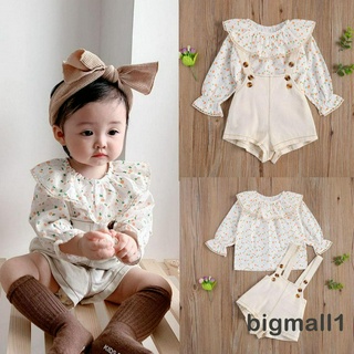 Bộ áo thun cổ tròn in hoa phối bèo + quần yếm ngắn màu trơn phối nút dành cho bé gái