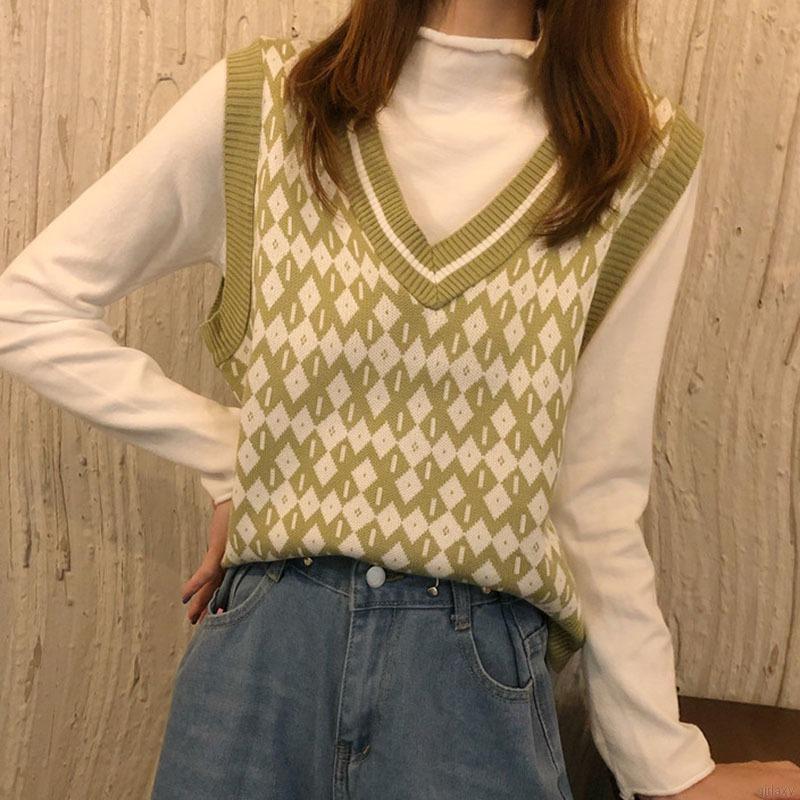 Áo len nữ sát nách cổ chữ V phong cách Hàn Quốc retro