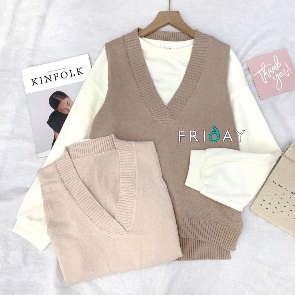 Áo len gile trơn 2 mầu kem và nâu tây phong cách ulzzang Hàn Quốc phù hợp mùa thu Fridayshop | BigBuy360 - bigbuy360.vn