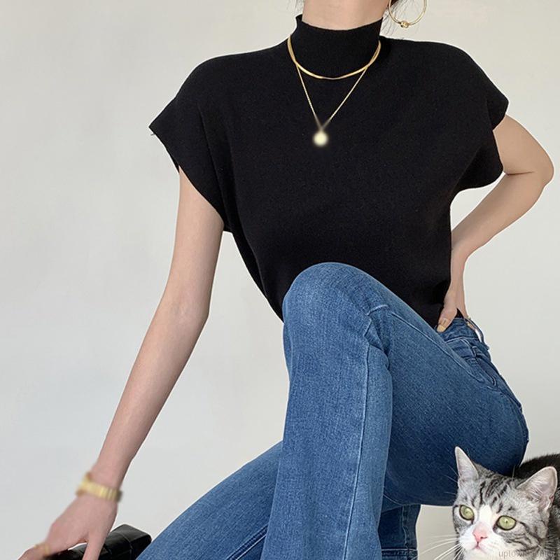 Áo dệt kim tay ngắn dáng rộng màu trơn phong cách cổ điển thời trang cho nữ