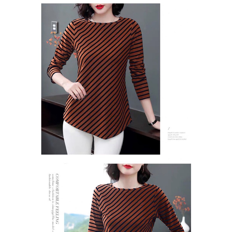 Áo Thun Tay Dài Dáng Rộng Plus Size Họa Tiết Kẻ Sọc Cho Phụ Nữ Trung Niên