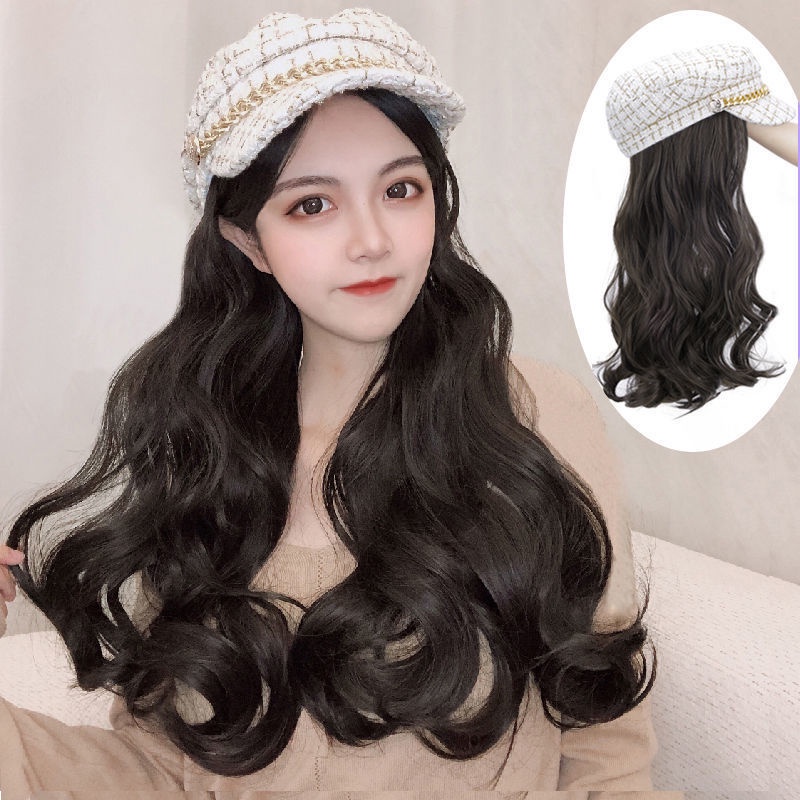 Bộ tóc giả dài uốn gơn sóng phối mũ lưỡi trai thời trang thu đông cho nữ