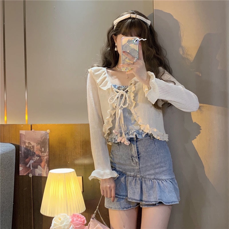 Áo Cardigan Ngắn Chống Nắng Cột Dây Nơ Tai Gỗ Dễ Thương Phong Cách Nhật Bản Cho Nữ