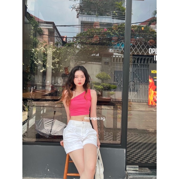 Áo Croptop Lệch Vai Kiểu Ôm Co Dãn Màu Hồng Hot Pink Mùa Hè