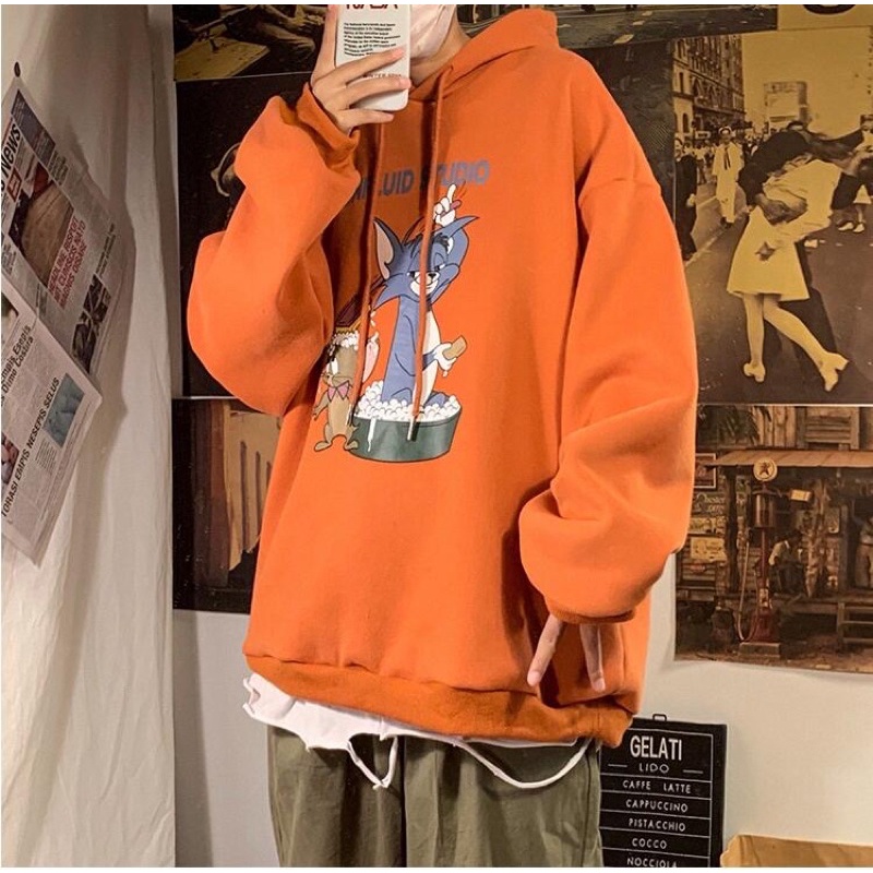 Áo Hoodie Nỉ Bông Tom & Jerry Màu Cam Size L