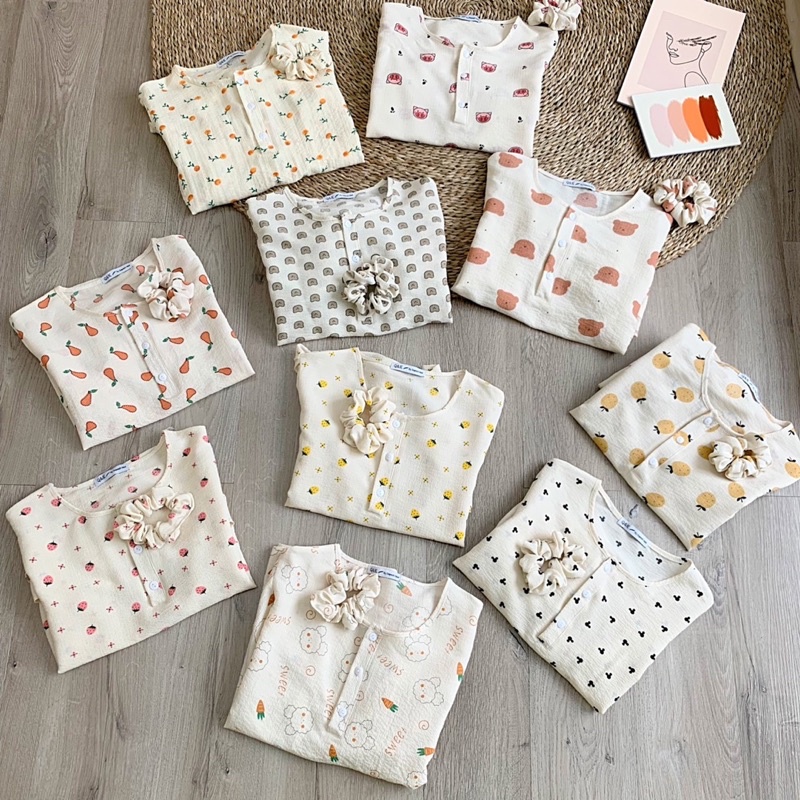 Set bộ pijama ulzzang chất xốp mềm in hình dễ thương, Set đồ ngủ mặc nhà nhiều hình phong cách Hàn Quốc