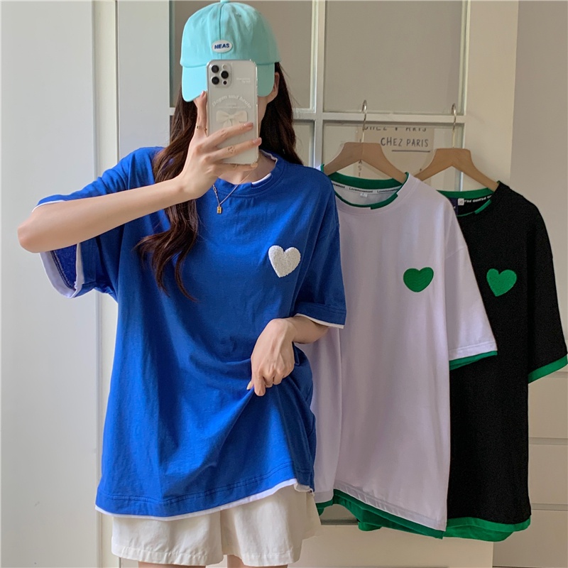 SUXI Summer Embroidery Simple Stitching All-match Street Style Round Neck Loose Casual Short Sleeve T-shirt Women