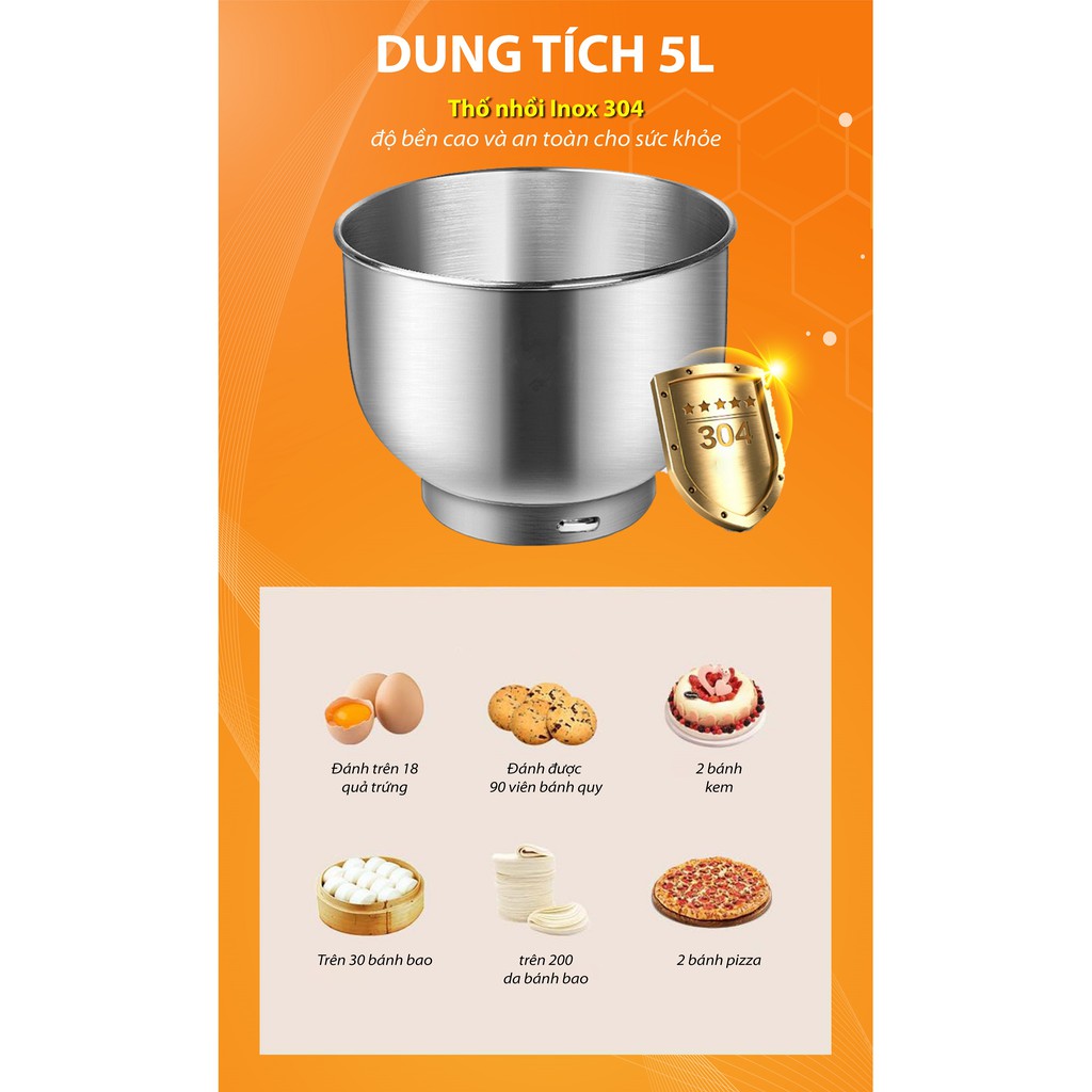 Máy nhồi bột kiêm đánh trứng đa năng UNIE EM2 1000W dung tích 5L hàng chính hãng