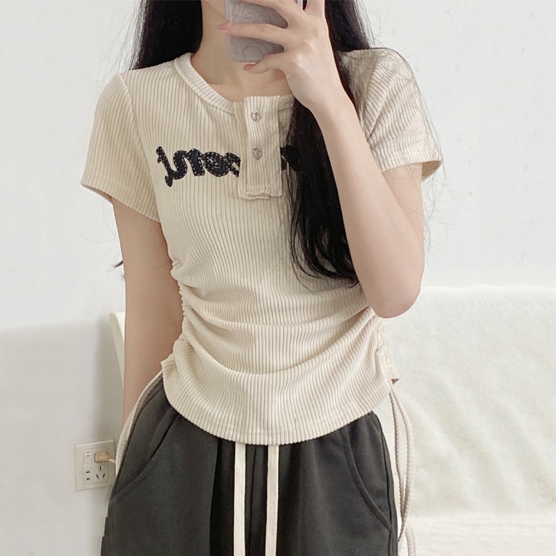 Áo Thun Tay Ngắn Cổ Chữ V Phối Dây Rút Phong Cách Thời Trang Hàn Quốc Cho Nữ