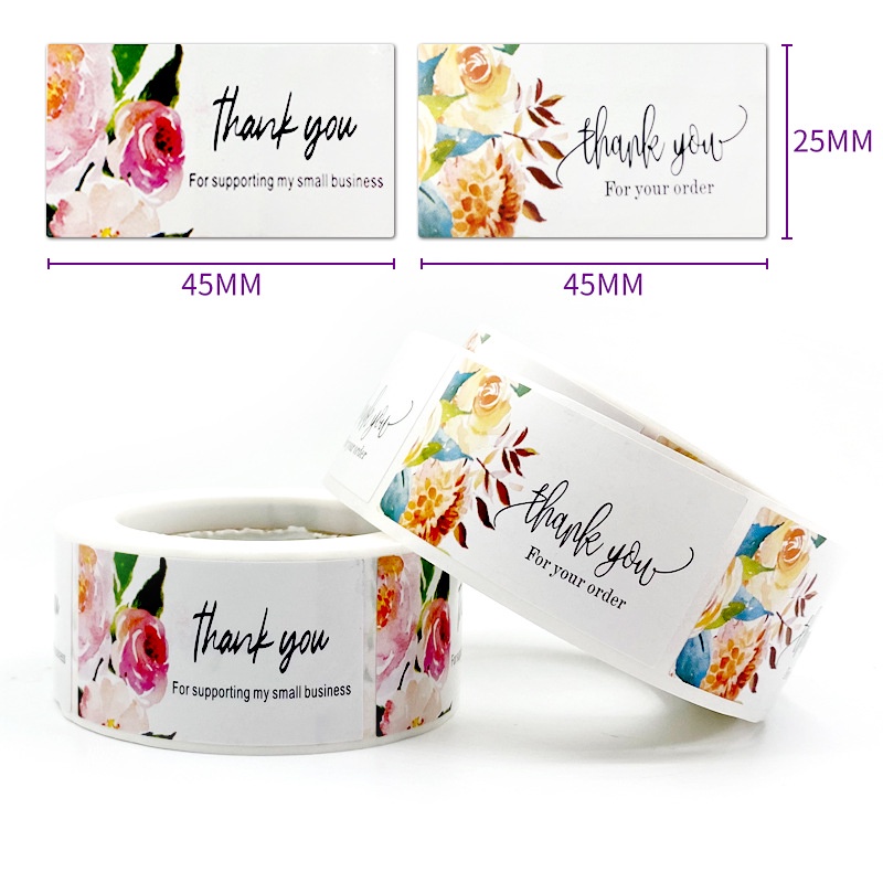 Tem Sticker Thank you in màu tự dính - Tem cảm ơn in hoa hình  kiểu tem dài hình chữ nhật