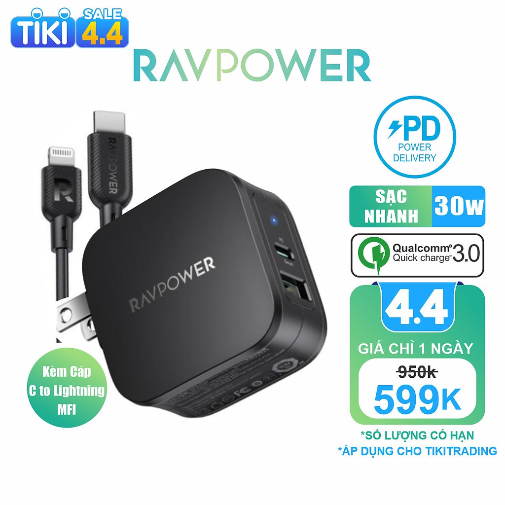 [Mã 267ELSALE hoàn 7% đơn 300K] Bộ cáp sạc nhanh RAVpower RP-PC144 PD 3.0 30W