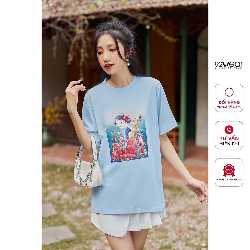 Áo phông nữ ngắn tay cổ tròn in hình cô gái 92WEAR, thiết kế trẻ trung, cá tính ATA2256