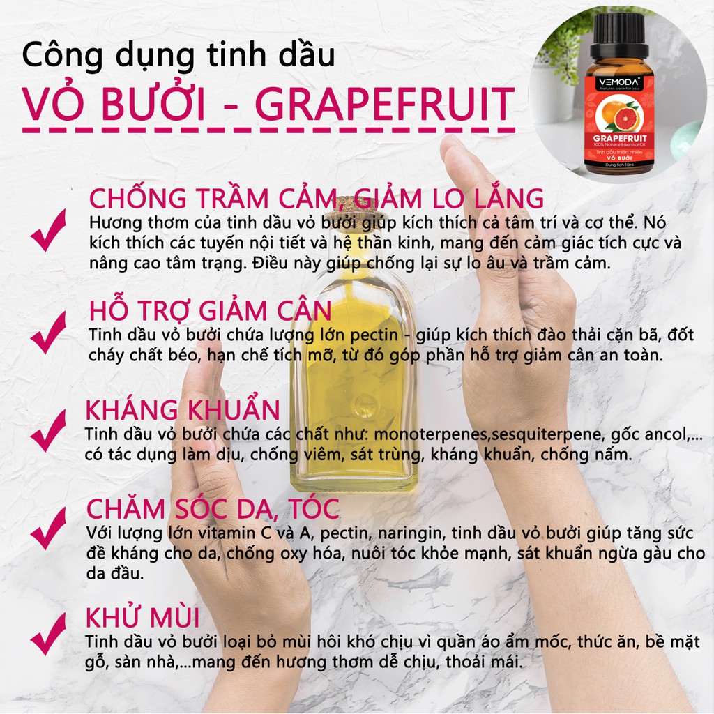 Tinh dầu Vỏ bưởi (HG) cao cấp nguyên chất VEMODA 10ML giúp kháng khuẩn, chống trầm cảm, hỗ trợ giảm cân, chăm sóc da tóc