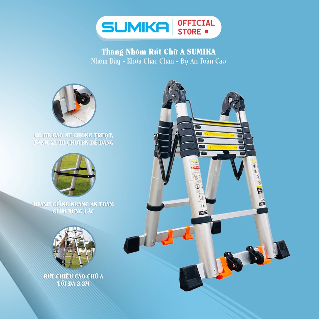 Thang nhôm rút đôi SUMIKA SK440D NEW - rút chữ A cao 2.2m, rút chữ I cao 4.4m, tải trọng 300kg