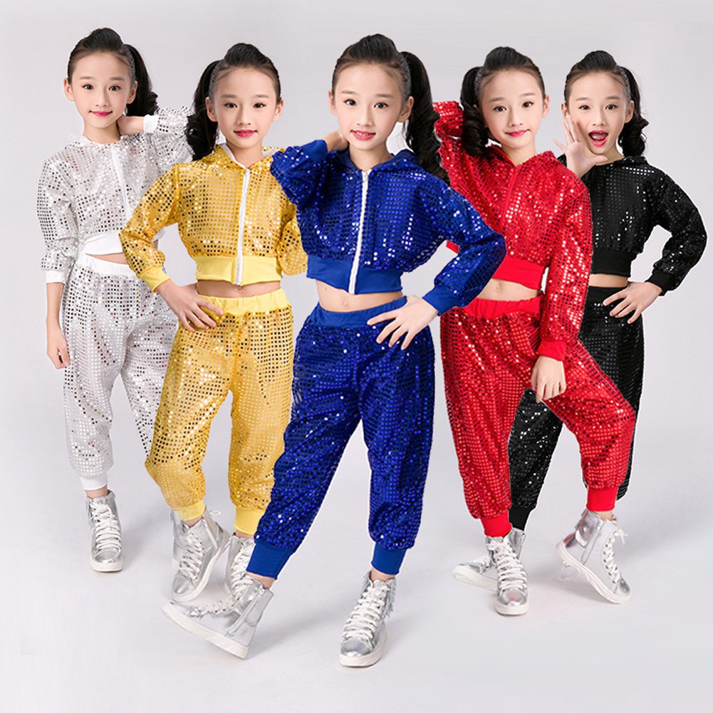 Set áo khoác có nón + quần bo ống đính xê quin lấp trang phục biểu diễn nhảy hiphop cho bé