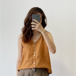 Áo 2 dây can tam giác cam vải linen tự nhiên