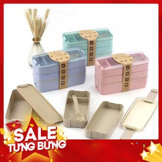 CẶP LỒNG - HỘP ĐỰNG CƠM CHỮ NHẬT LÚA MẠCH 3 TẦNG KÈM THÌA, DĨA (Gia dụng tiện ích 1102)