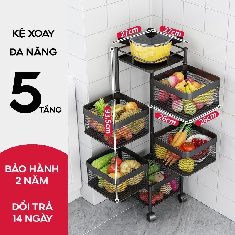 Kệ Vuông Xoay Đa Năng Kệ Rau Củ Quả 3/4/5 Tầng Có Bánh Xe Di Chuyển.