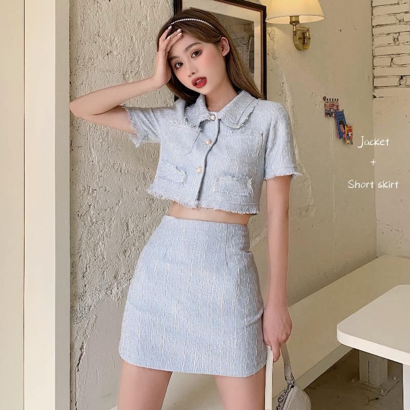 KÈM ẢNH THẬT Set dạ tweed cộc tay màu xanh ngọc cực iuuuu
