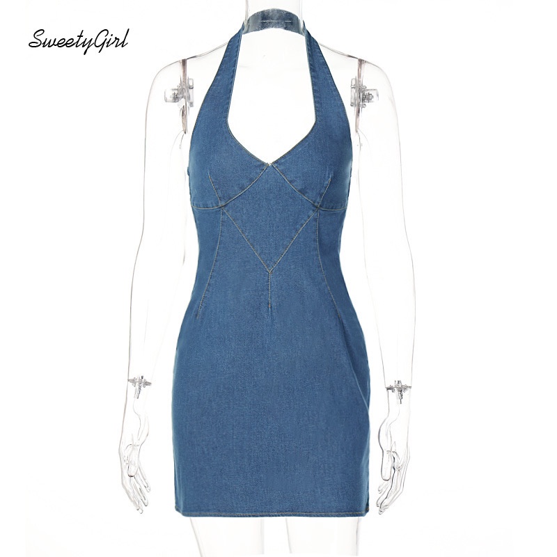 Đầm Denim Cổ Chữ V Hở Lưng Có Khóa Kéo Phía Sau Dành Cho Nữ 2022