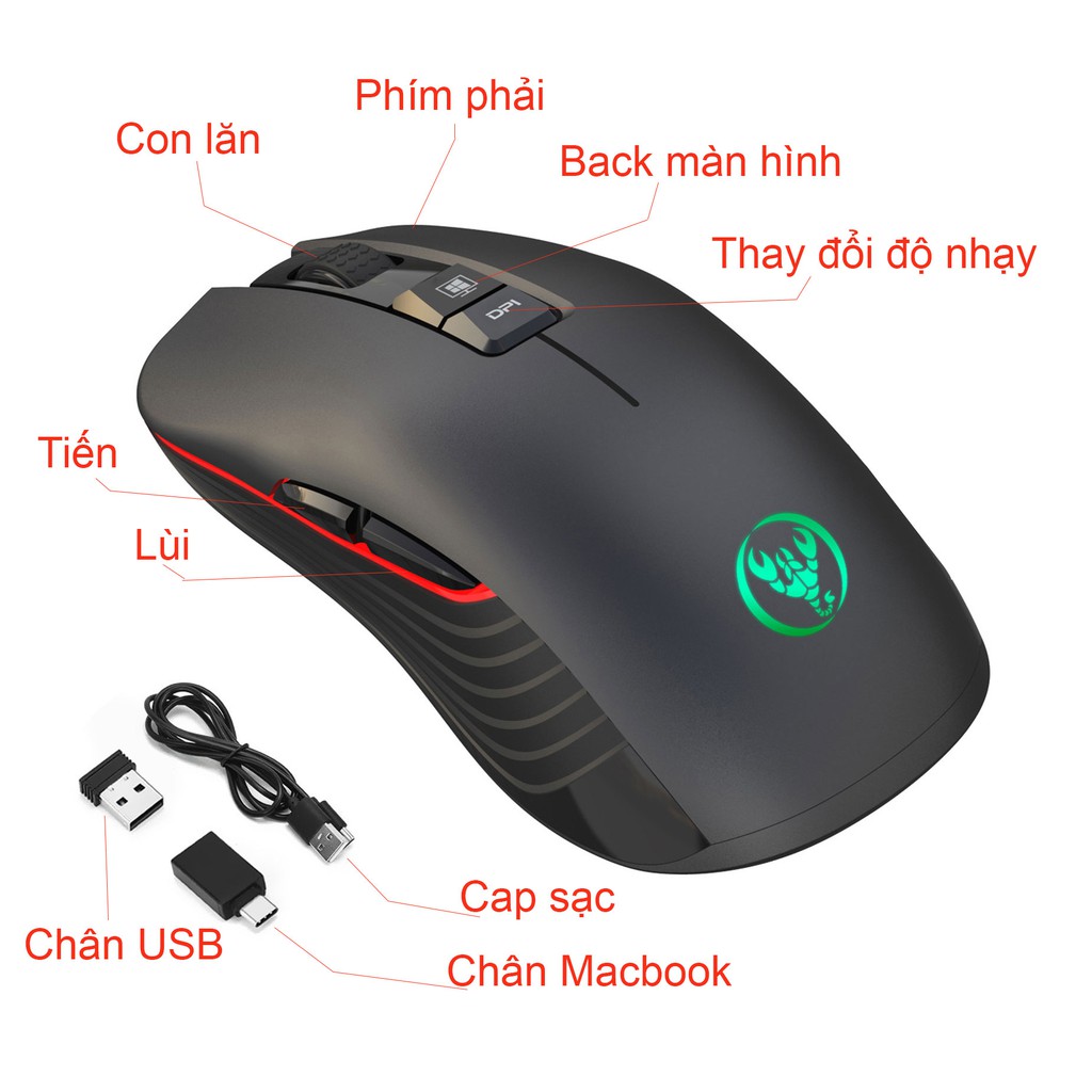 Chuột ko dây chơi game HXSJ T30 Wireless 2.4GHz DPI4800 điều chỉnh được cho laptop - Hàng Chính Hãng