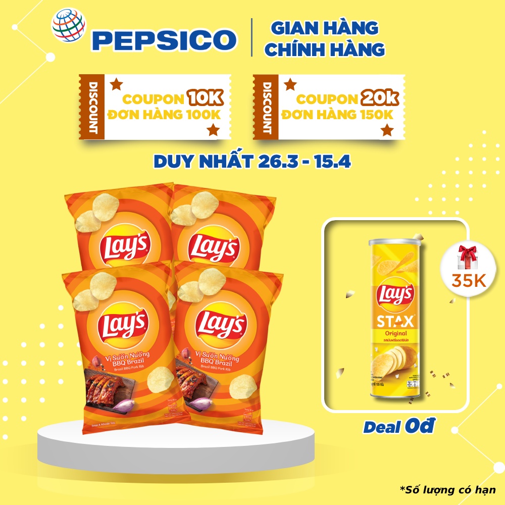 Combo 4 Snack Khoai Tây Lay's vị Sườn Nướng BBQ Brazil 95g/gói