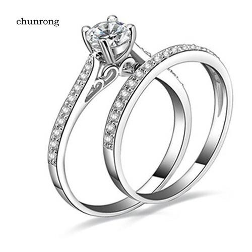 CHU_Women Engagement Wedding 2Pcs Set Cubic Zirconia 925 Sterling Silver Rings Size 6-10