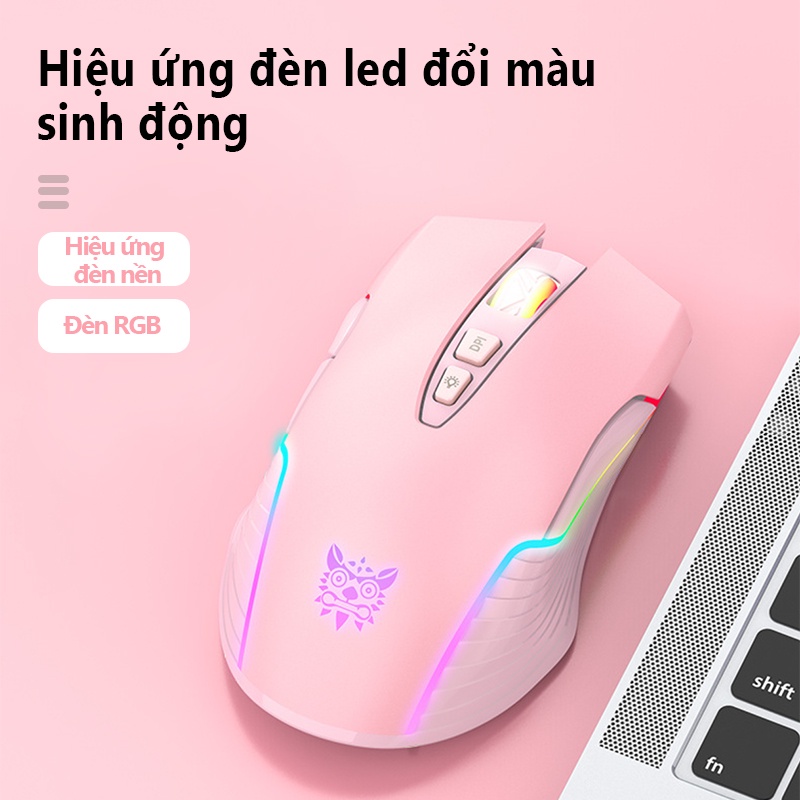 Chuột chơi game bluetooth không dây có thể sạc lại ONIKUMA CW905 màu hồng với đèn RGB, có thể điều chỉnh DPI 5 tốc độ