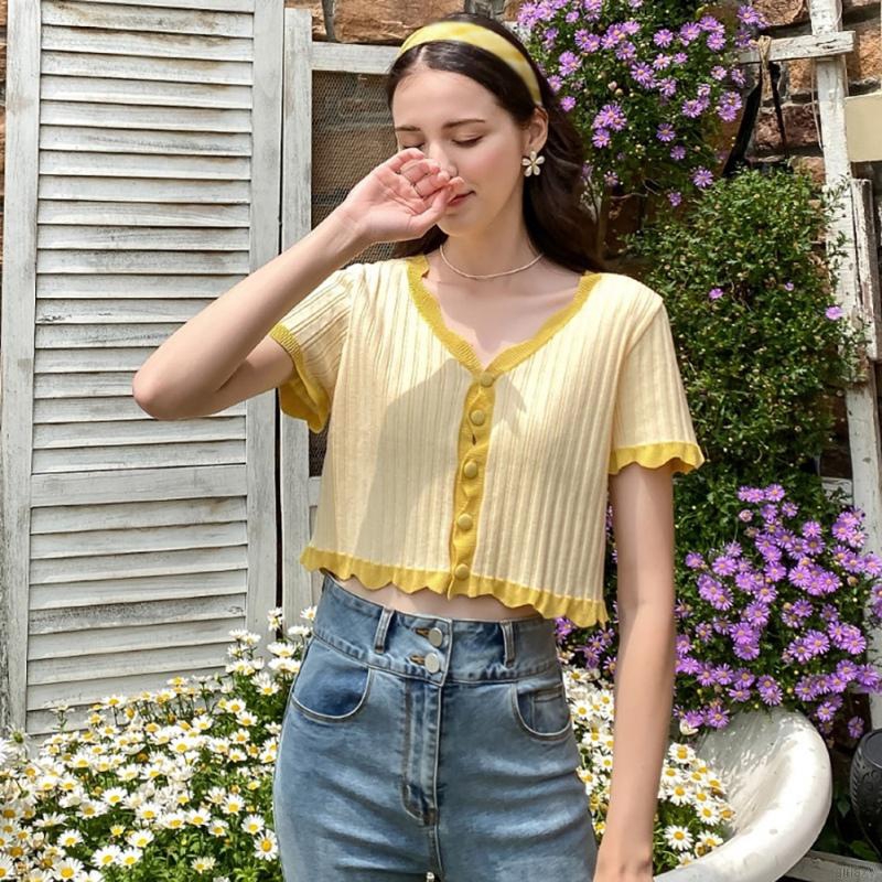 Áo Cardigan Dệt Kim Tay Ngắn Cổ Chữ V Dáng Rộng Phong Cách Hàn Quốc