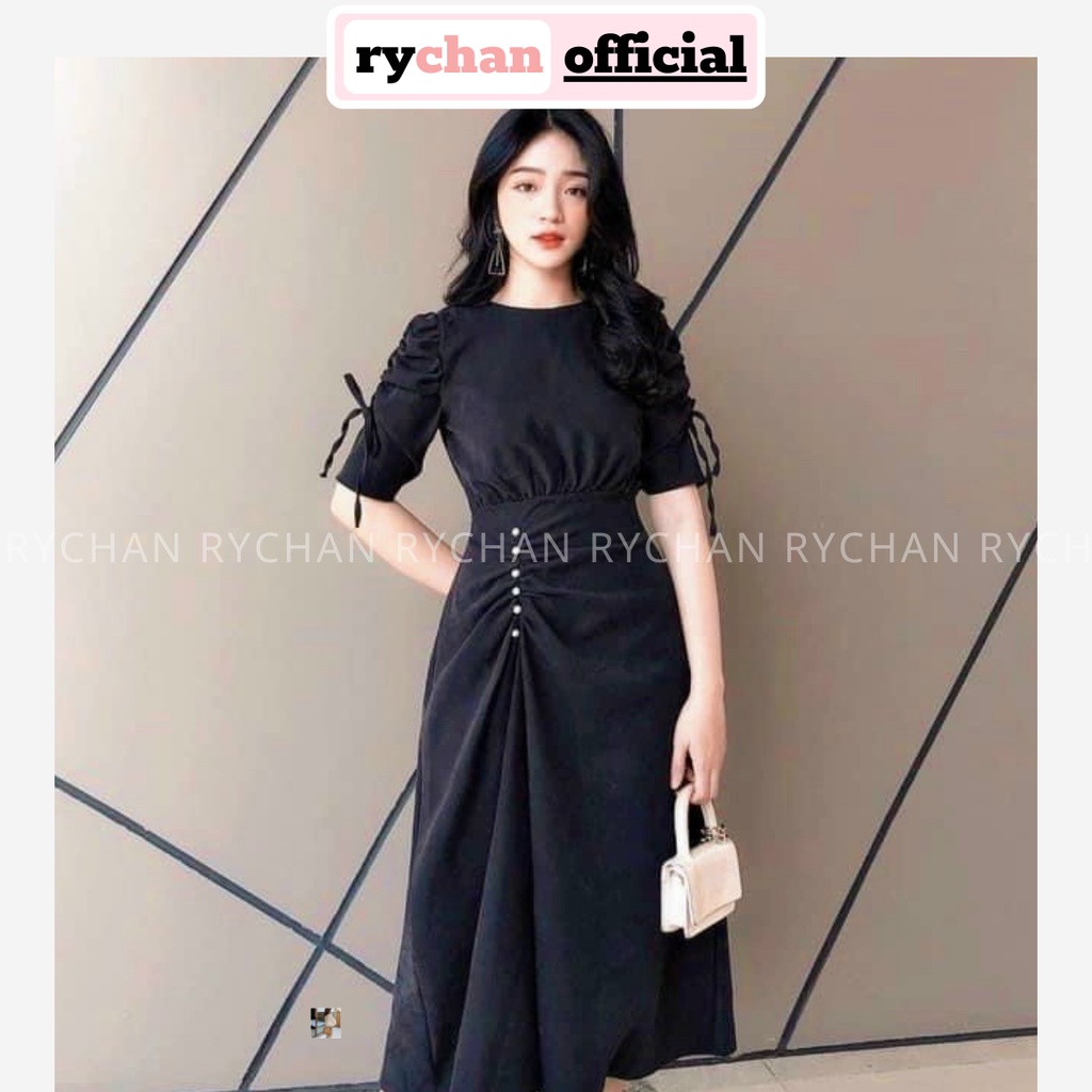 Đầm Xòe Midi Tay Phồng Rút Sườn Đính Ngọc 3 Màu Sang Trọng - DX9990