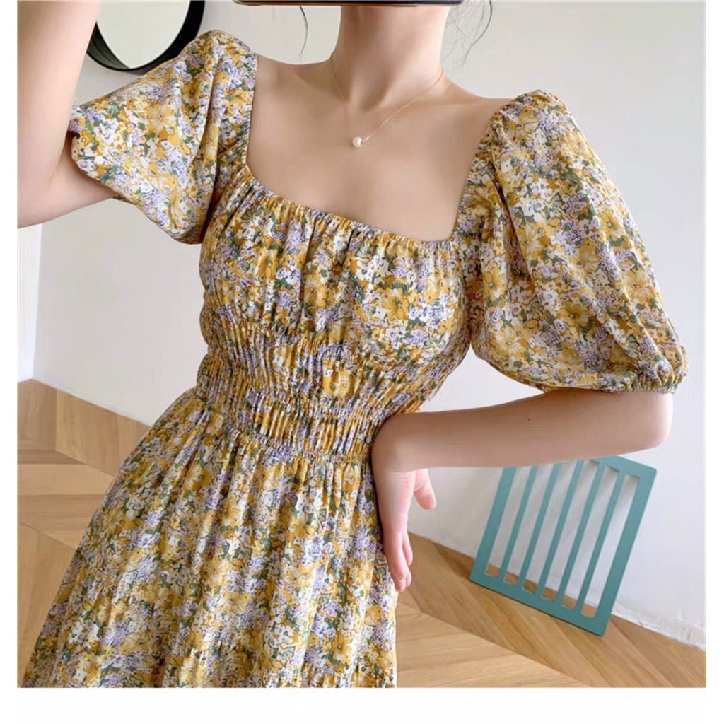 đầm bông lụa dáng suông cổ vuông ngắn tay