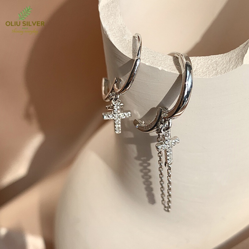 Bông Tai Bạc S925 Khoen Tròn Chữ Thập Cross Bất Đối Xứng Trẻ Trung Cá Tính | Khuyên Tai Nữ Trang Sức Bạc Thời Trang