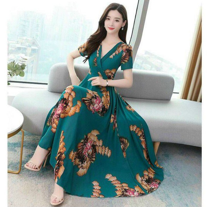 HÀNG NHẬP - ĐẦM XÒE MAXI VOAN HOA CỔ XẾP LY