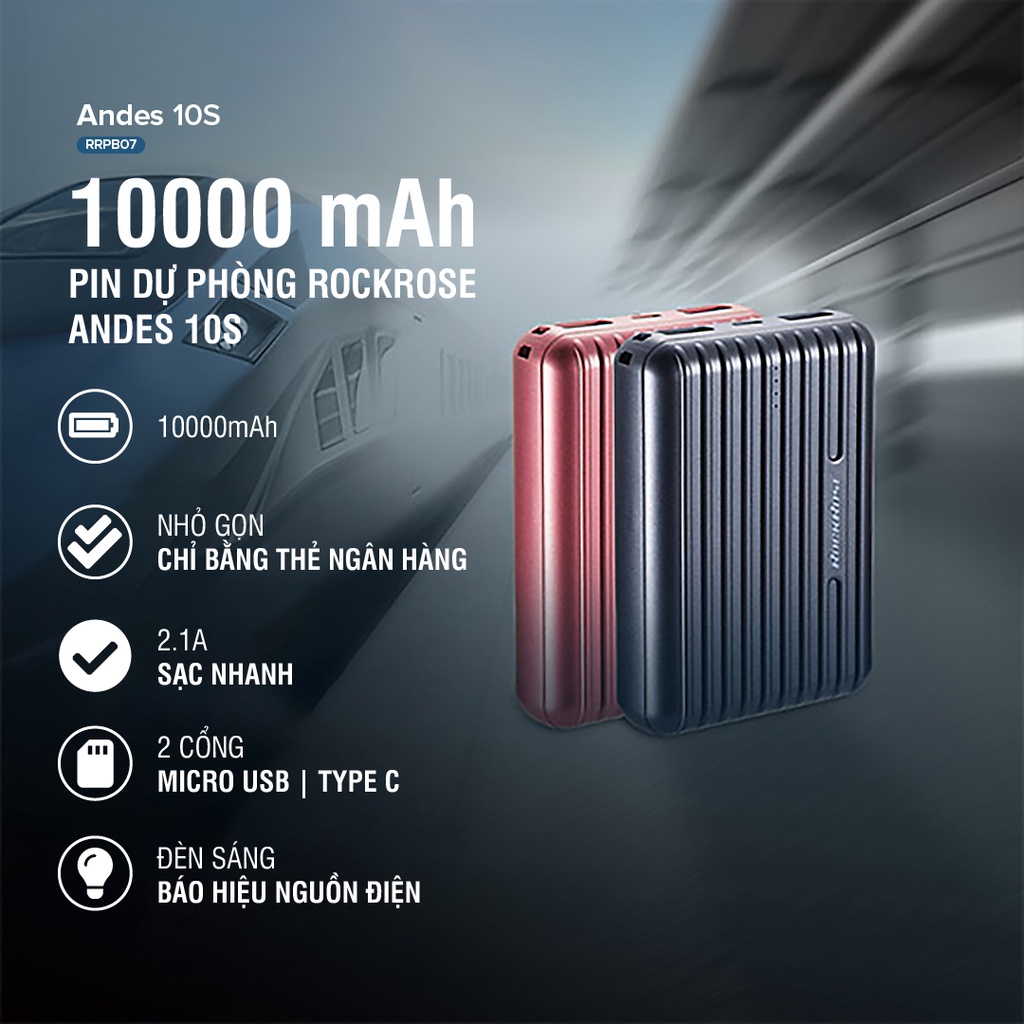 Sạc Dự Phòng Siêu Nhỏ 10000mAh ROCKROSE Andes 10S QC 3.0 - Cổng USB A Sạc Nhanh Cho Iphone/ Android