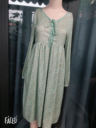 Đầm voan tay dài họa tiết vintage combo