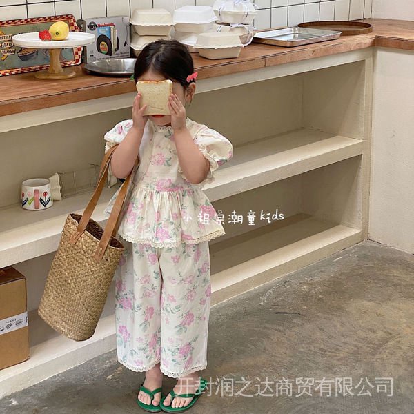 Bộ Áo Tay Phồng Ngắn Phối Quần Ống Rộng In Hoa Kiểu Hàn Quốc Thời Trang Mùa Hè Mới Cho Bé Gái