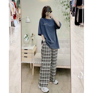 Set bộ nữ quần caro ống xuông áo thun - Set áo chất cotton thoáng mát quần thô mềm co giãn nhẹ nhàng