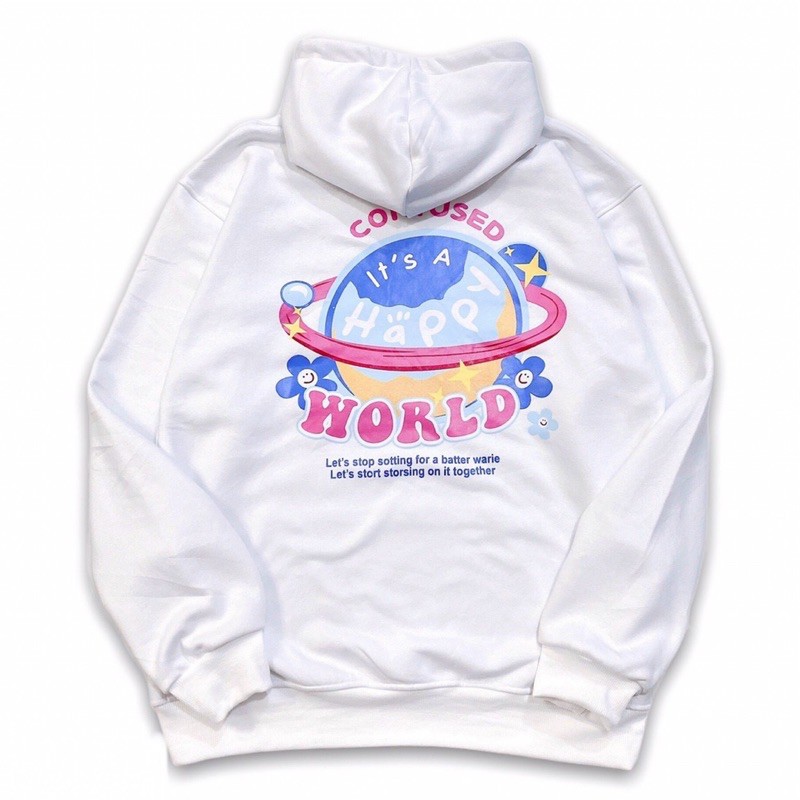 Hoodie Unisex Trắng WORLD Dáng Rộng Unisex | BigBuy360 - bigbuy360.vn