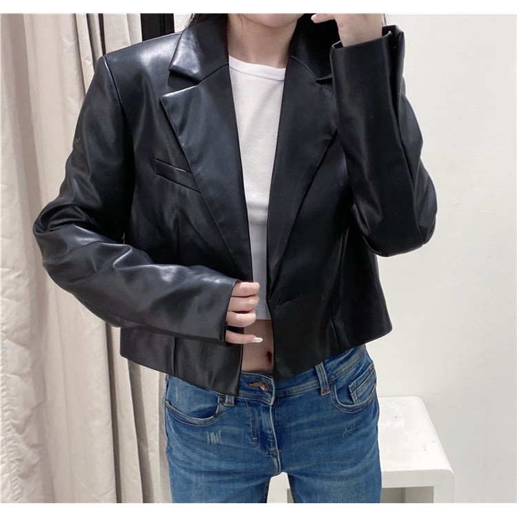 ÁO KHOÁC NỮ BLAZER DÁNG LỬNG DA MÀU XANH ĐEN | BigBuy360 - bigbuy360.vn